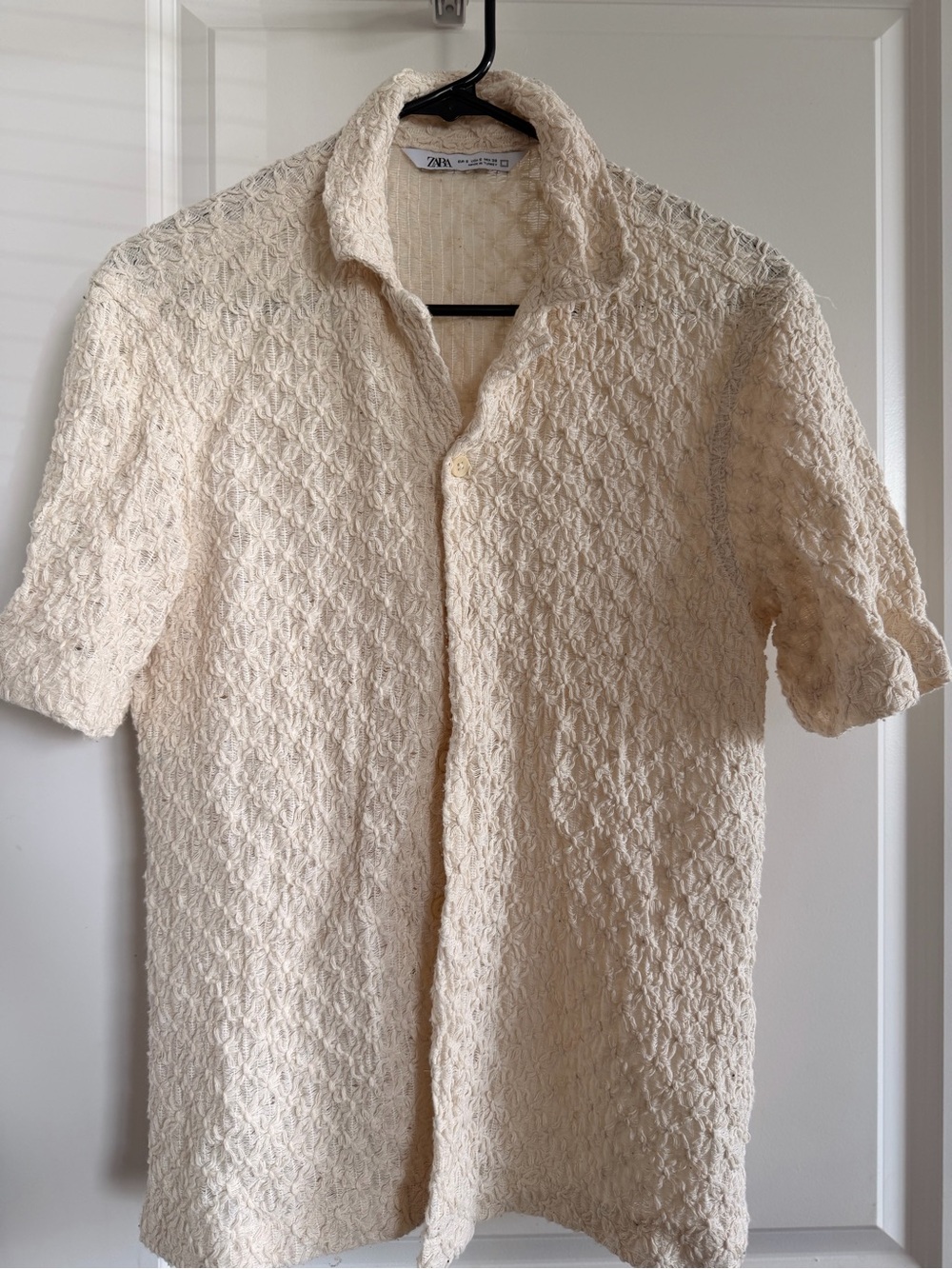 Zara Cream Textured Short Sleeve Button-Up Shirt